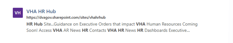 Search result for VHA HR Hub in SharePoint