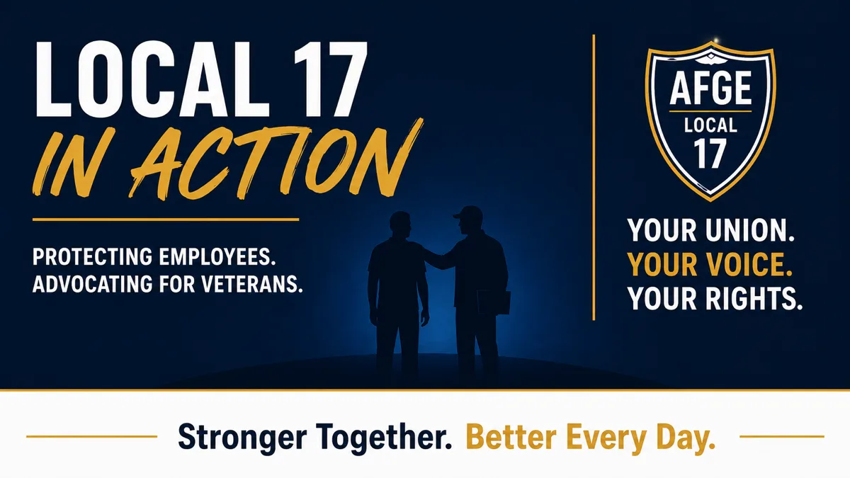 Local 17 in Action banner on Board attorney quotas, showing one union member in silhouette resting a hand on a colleague's shoulder