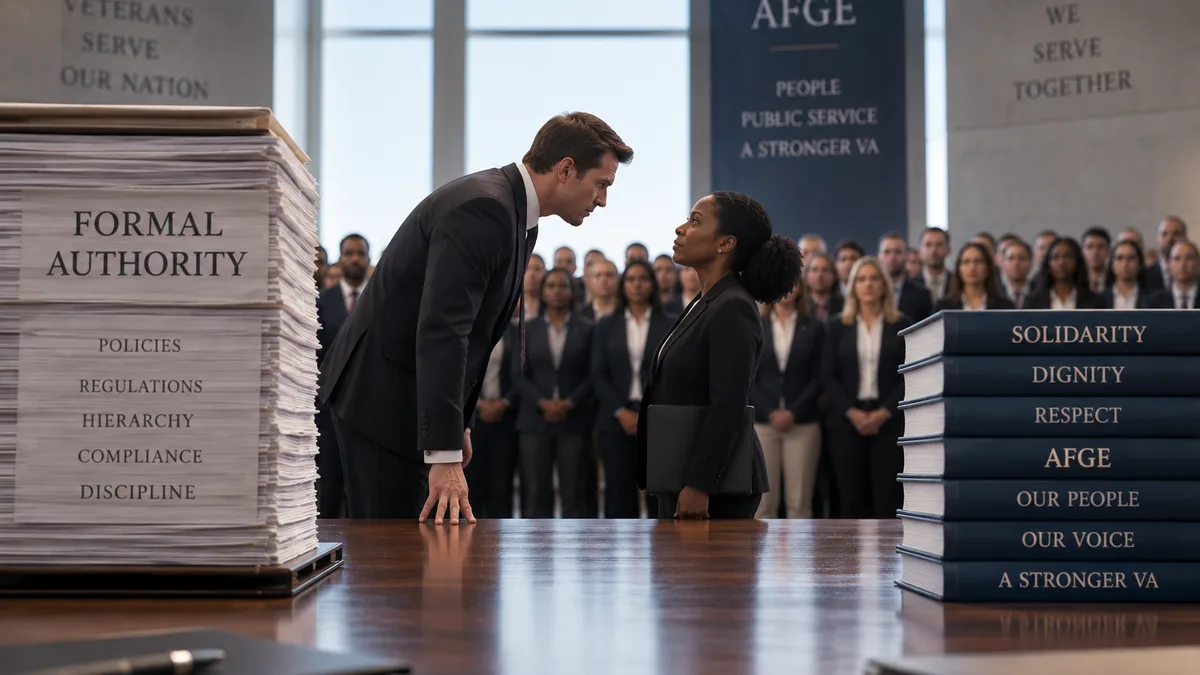 Illustration of a tall supervisor in a suit leaning over a Black woman employee across a conference table, with a stack of papers labeled Formal Authority on one side and books labeled Solidarity, Dignity, and Respect on the other