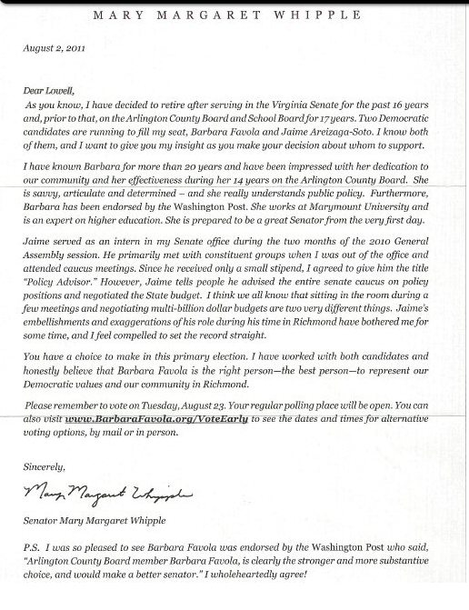 Senator Mary Margaret Whipple letter regarding Jaime Areizaga-Soto