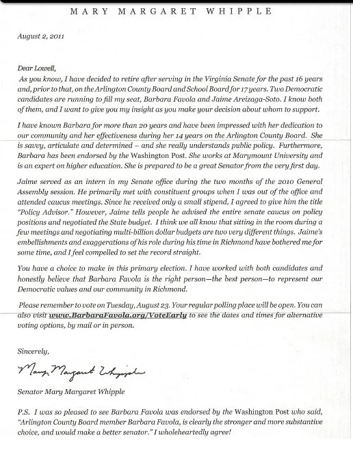 Senator Mary Margaret Whipple letter regarding Jaime Areizaga-Soto