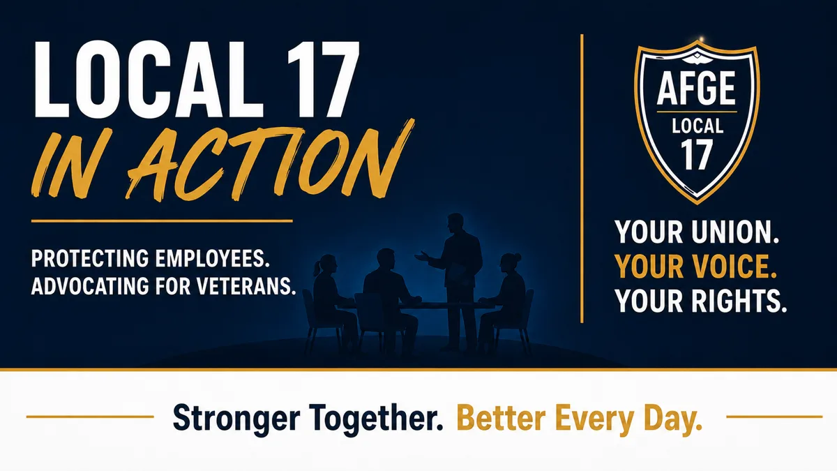 Local 17 in Action banner for a proposed removal reversed, showing a union representative standing to speak on a seated member's behalf at a conference table in silhouette