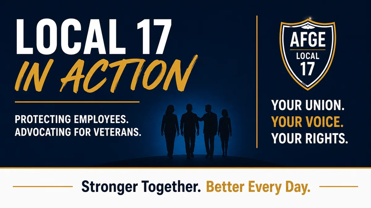 Local 17 in Action banner for the telework arbitration case, showing four union members in silhouette walking forward together, one with a hand on a colleague's back